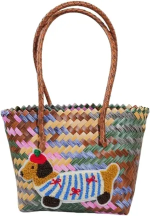 1 Vintage Woven Handbag, Crochet Satchel, Bamboo Handle, Embroidered Dog Patch, Bohemian Beach Ladies Bag, Summer Travel Beach Straw Shoulder Bag(4)