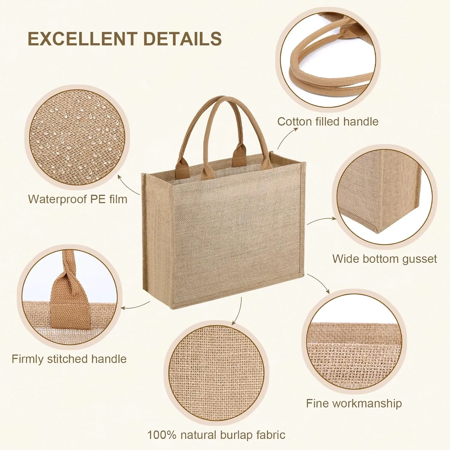 10 Pack Reusable Jute Tote Bags with Handles, 15.1X11.8X5.5 Inch Large Natural Blank Burlap Tote for Grocery Shopping, Weddings, Travel, Bachelorette Parties & DIY Embroidery Crafts
