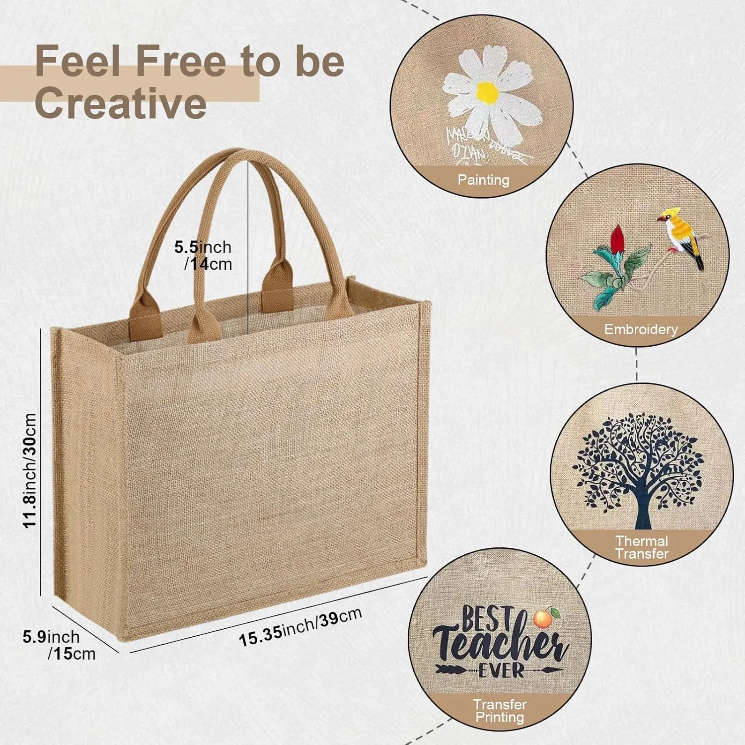 10 Pack Reusable Jute Tote Bags with Handles, 15.1X11.8X5.5 Inch Large Natural Blank Burlap Tote for Grocery Shopping, Weddings, Travel, Bachelorette Parties & DIY Embroidery Crafts