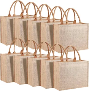 10 Pack Reusable Jute Tote Bags with Handles, 15.1X11.8X5.5 Inch Large Natural Blank Burlap Tote for Grocery Shopping, Weddings, Travel, Bachelorette Parties & DIY Embroidery Crafts