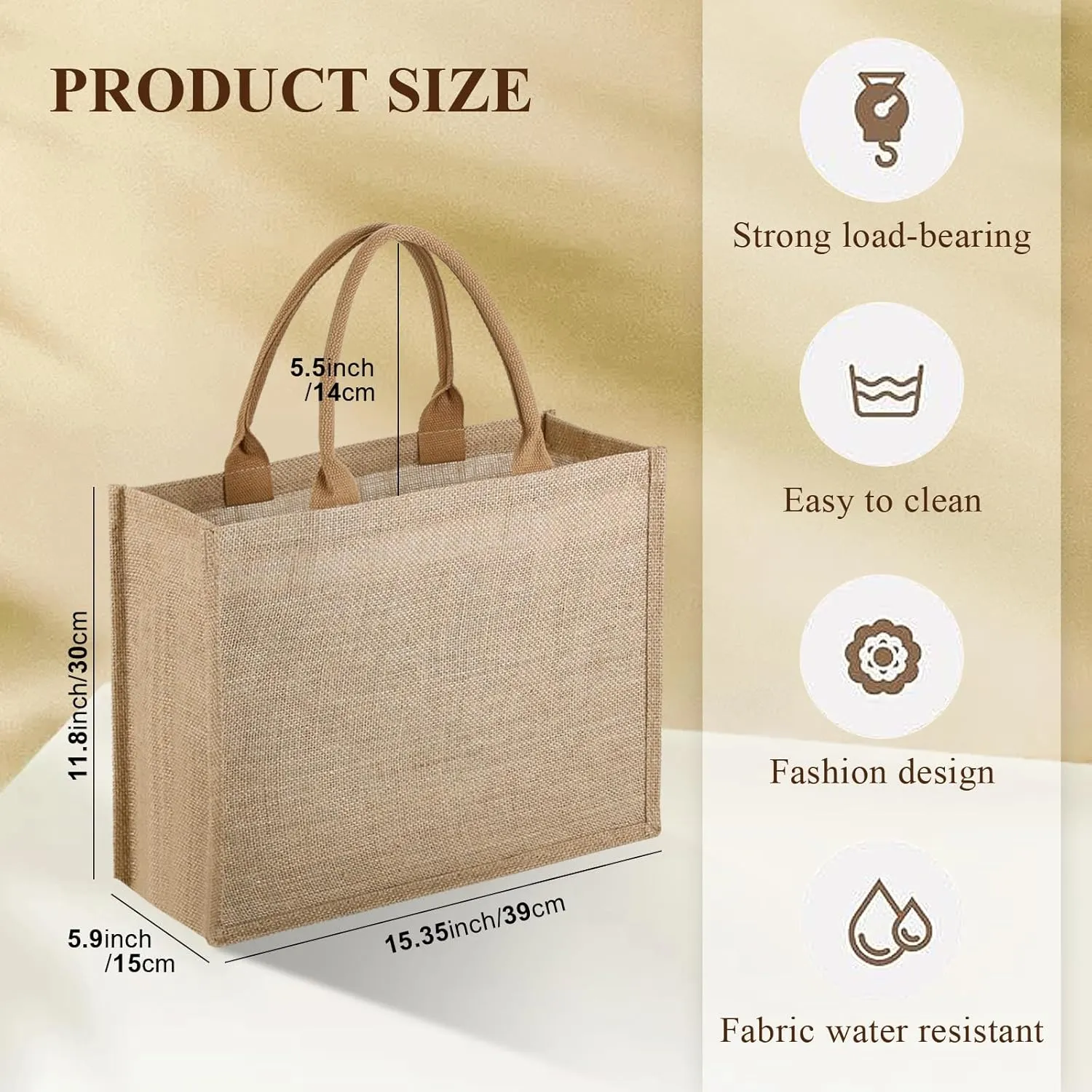 10 Pack Reusable Jute Tote Bags with Handles, 15.1X11.8X5.5 Inch Large Natural Blank Burlap Tote for Grocery Shopping, Weddings, Travel, Bachelorette Parties & DIY Embroidery Crafts