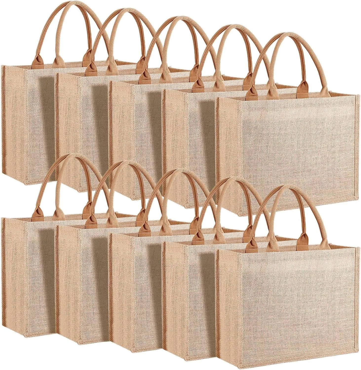10 Pack Reusable Jute Tote Bags with Handles, 15.1X11.8X5.5 Inch Large Natural Blank Burlap Tote for Grocery Shopping, Weddings, Travel, Bachelorette Parties & DIY Embroidery Crafts