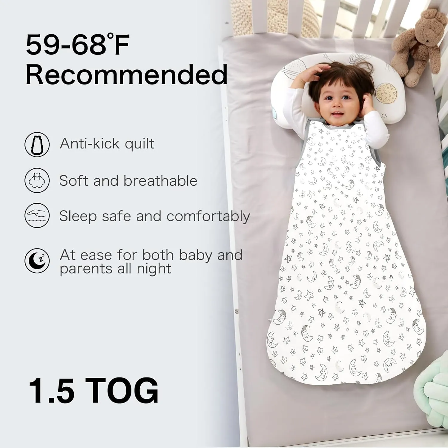 100% Cotton Baby Sleep Sack 1.5 Tog, Soft Newborn Sleeping Bag, Infant & Toddler Wearable Blanket for Boys & Girls 0-6 Months, 2-Way Zipper Sleepsack (Size S)