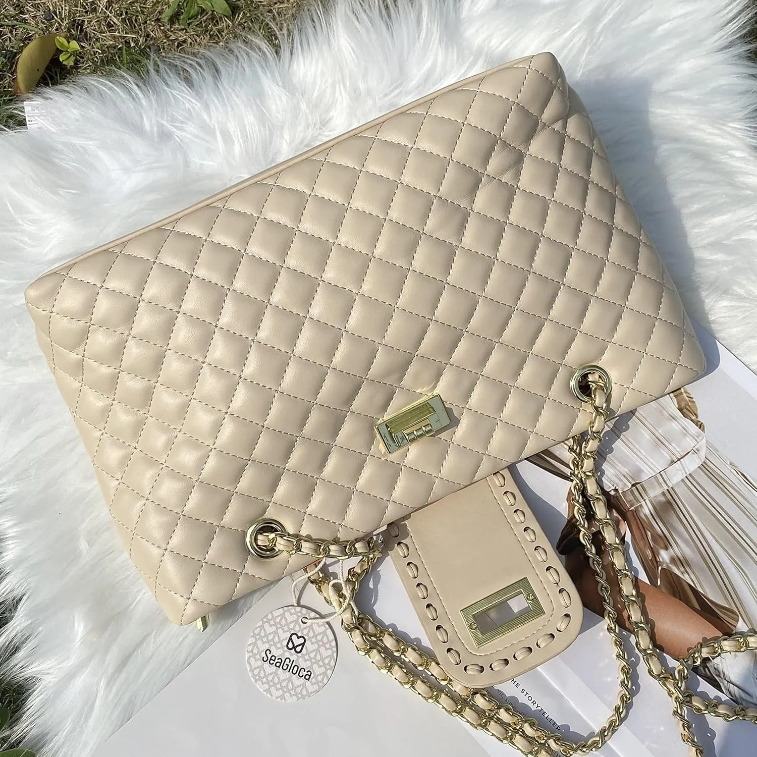 11.8"/13.4" Women Quilted Double Strap Large Tote Bag Shoulder Bag Hobo Tote Handbag（2 Sizes Available）