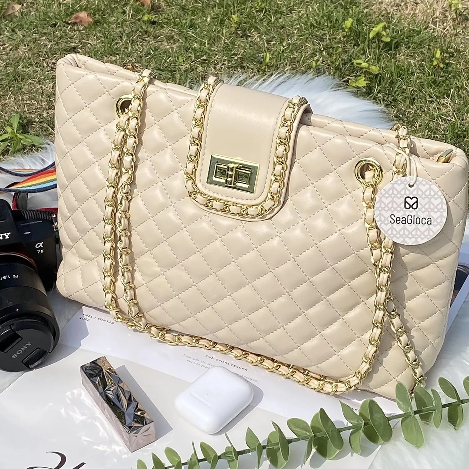 11.8"/13.4" Women Quilted Double Strap Large Tote Bag Shoulder Bag Hobo Tote Handbag（2 Sizes Available）