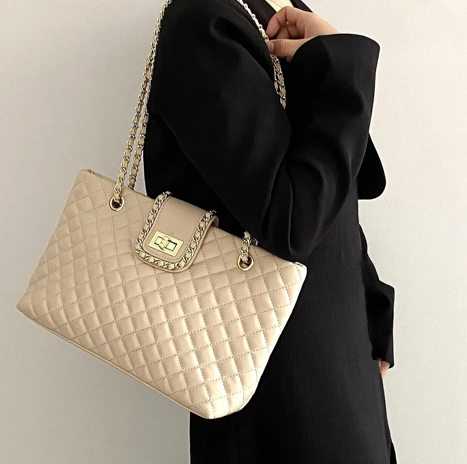 11.8"/13.4" Women Quilted Double Strap Large Tote Bag Shoulder Bag Hobo Tote Handbag（2 Sizes Available）