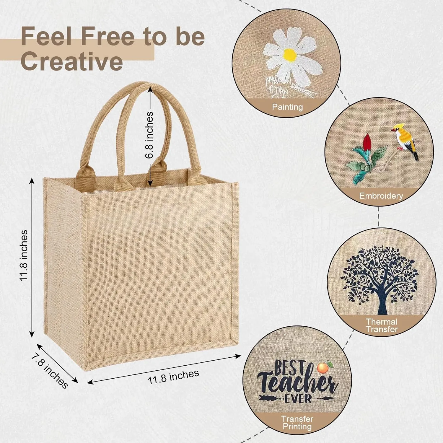 12 Pack Reusable Jute Tote Bags with Handles, 12x12x7.8 Inch Natural Blank Burlap Tote for Grocery Shopping, Weddings, Travel, Bachelorette Parties & DIY Embroidery Crafts
