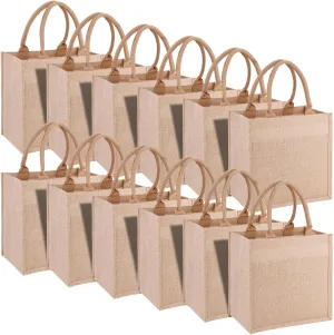 12 Pack Reusable Jute Tote Bags with Handles, 12x12x7.8 Inch Natural Blank Burlap Tote for Grocery Shopping, Weddings, Travel, Bachelorette Parties & DIY Embroidery Crafts