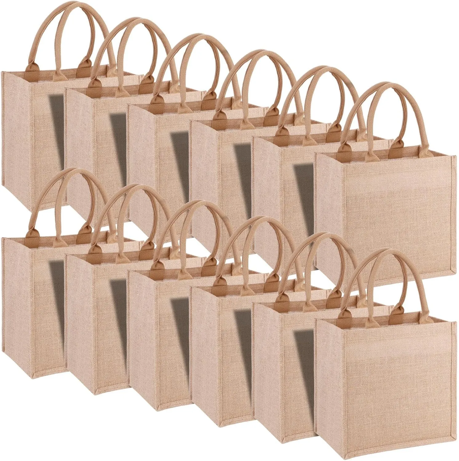 12 Pack Reusable Jute Tote Bags with Handles, 12x12x7.8 Inch Natural Blank Burlap Tote for Grocery Shopping, Weddings, Travel, Bachelorette Parties & DIY Embroidery Crafts