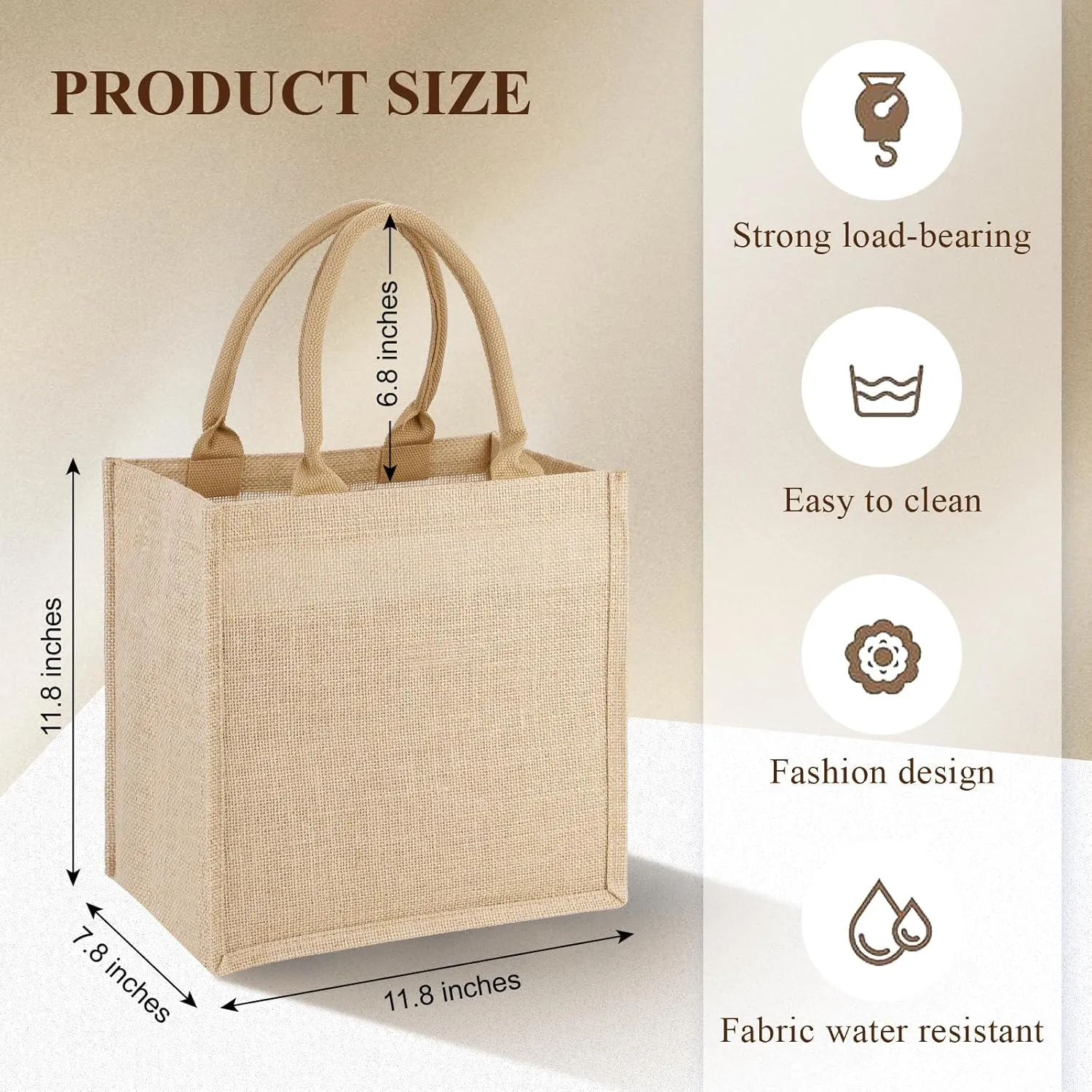 12 Pack Reusable Jute Tote Bags with Handles, 12x12x7.8 Inch Natural Blank Burlap Tote for Grocery Shopping, Weddings, Travel, Bachelorette Parties & DIY Embroidery Crafts