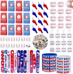 136 PCS Baseball Party Favors Set Baseball Goodie Bags Slap Bracelets Keychains Silicone Bracelets Stickers Mini Baseballs for Goodie Bag Fillers Baseball Themed Birthday Party Supplies (Baseball)
