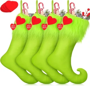 18 Inch Christmas Stockings Green Faux Fur Xmas Stockings with Tag Hanging Green Elf Christmas Stockings Treat Bag Candy Pouch Holder Fireplace Decor for Xmas Holiday Family Party(4 Pcs)