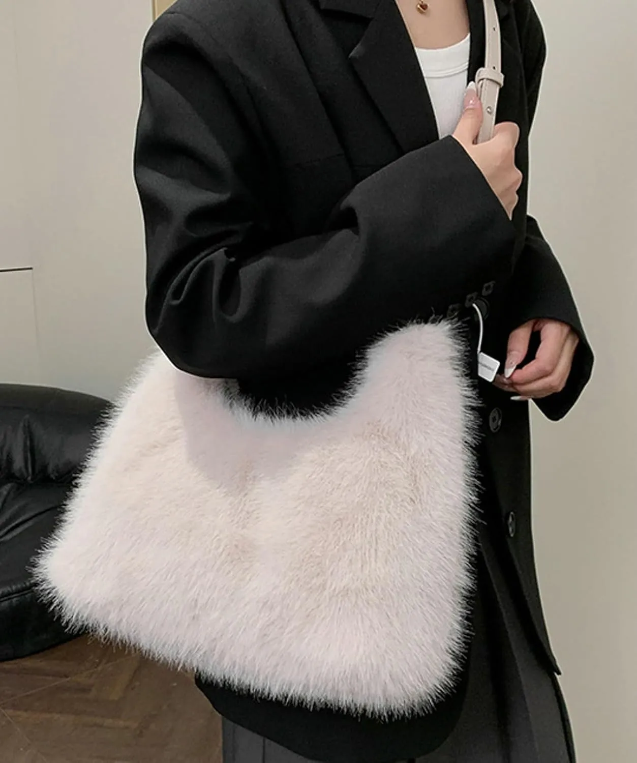 2024 Winter Faux Fox Fur Plush Tote Shoulder Bag Women Large PU Strap Stylish Handbag Crossbody Purse