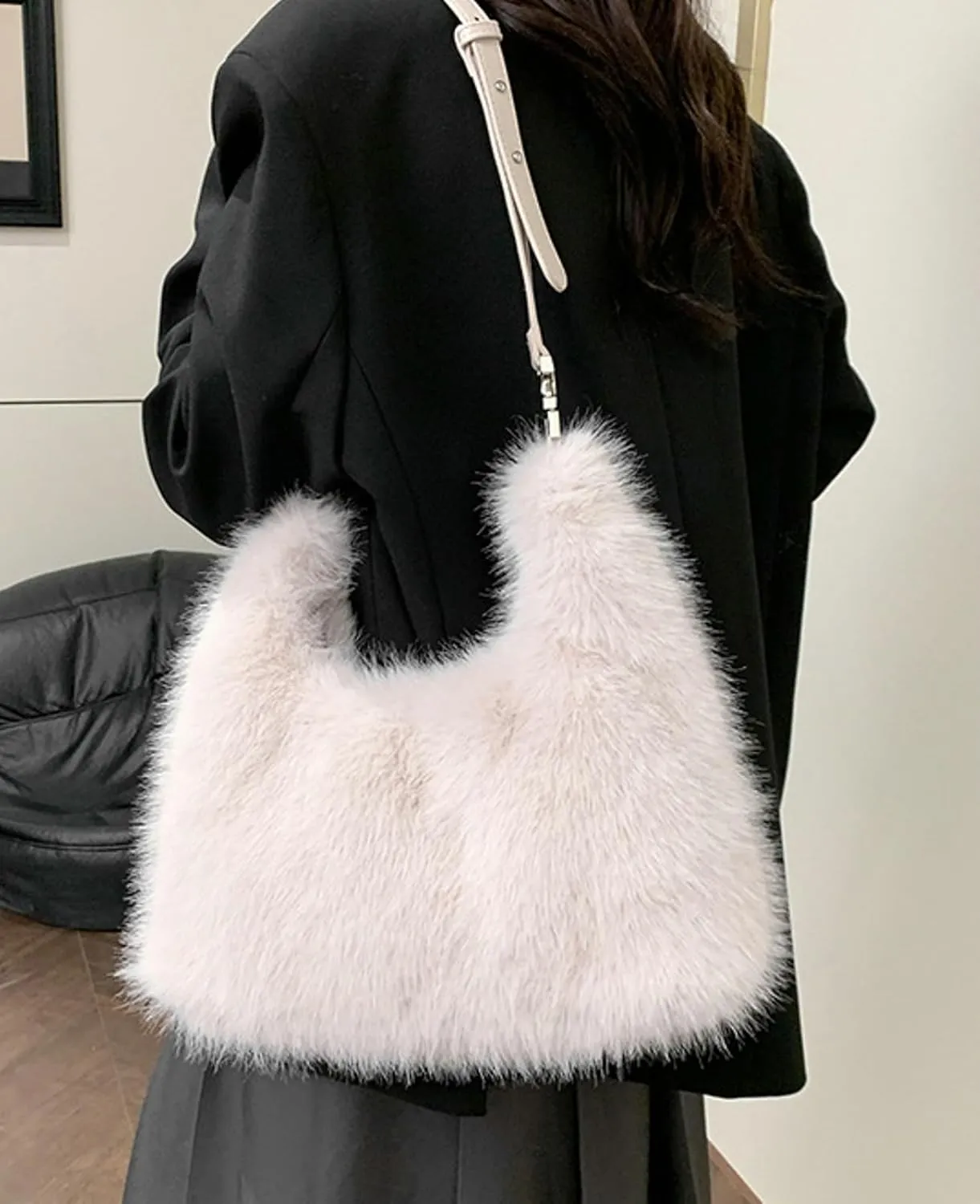 2024 Winter Faux Fox Fur Plush Tote Shoulder Bag Women Large PU Strap Stylish Handbag Crossbody Purse