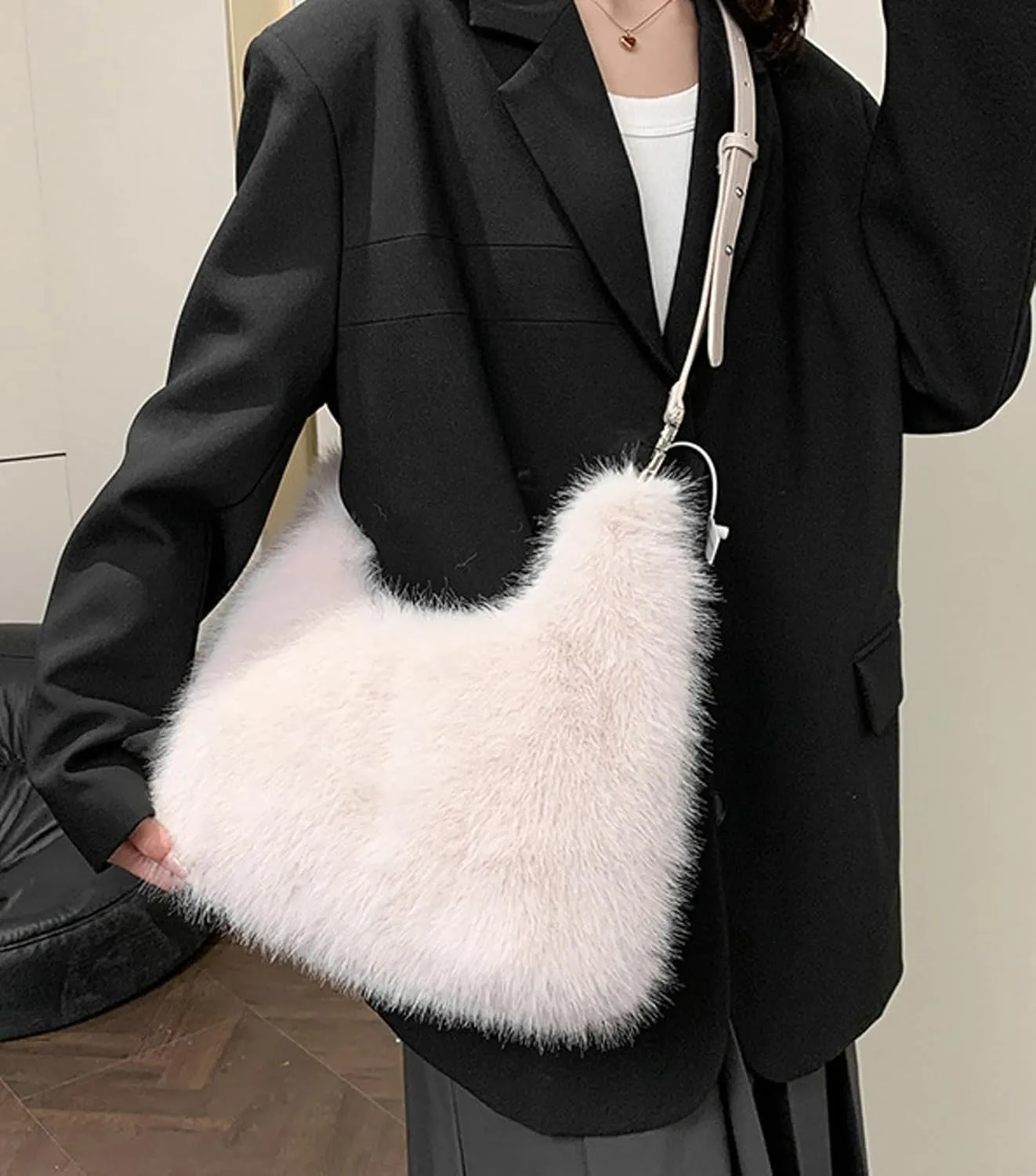 2024 Winter Faux Fox Fur Plush Tote Shoulder Bag Women Large PU Strap Stylish Handbag Crossbody Purse