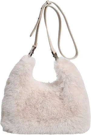 2024 Winter Faux Fox Fur Plush Tote Shoulder Bag Women Large PU Strap Stylish Handbag Crossbody Purse