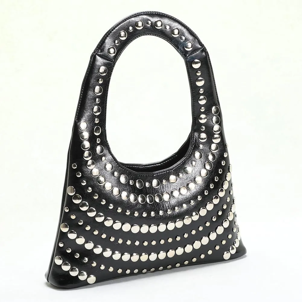 2025 Studded Purse for Women Crescent Shoulder Bag Vegan Leather Designer Handbags Red Y2K Purse Trendy 90s Punk Bag