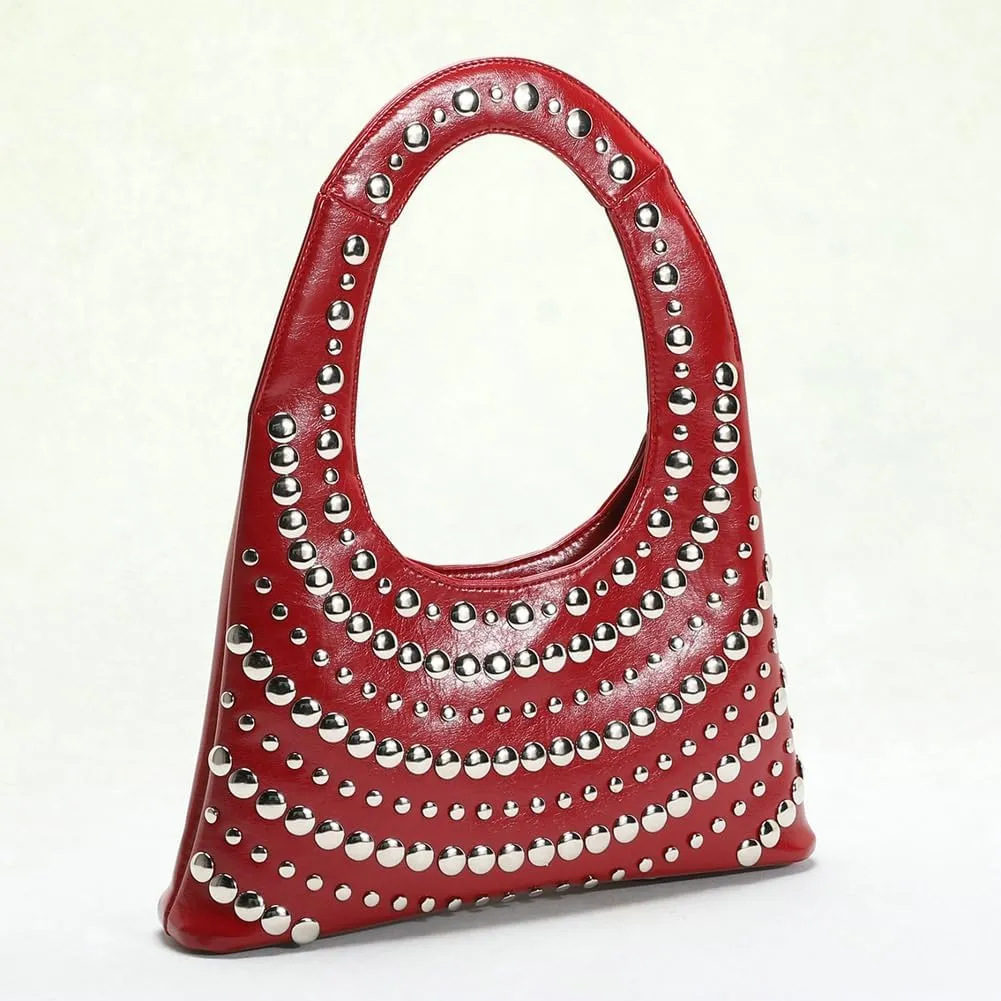2025 Studded Purse for Women Crescent Shoulder Bag Vegan Leather Designer Handbags Red Y2K Purse Trendy 90s Punk Bag