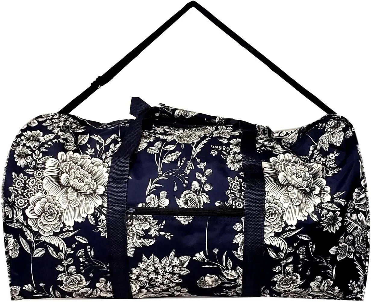 21 in Print Duffle, Overnight, Carry on Bag with Outside Pocket and Shoulder Strap (Blank - Navy White Flower)