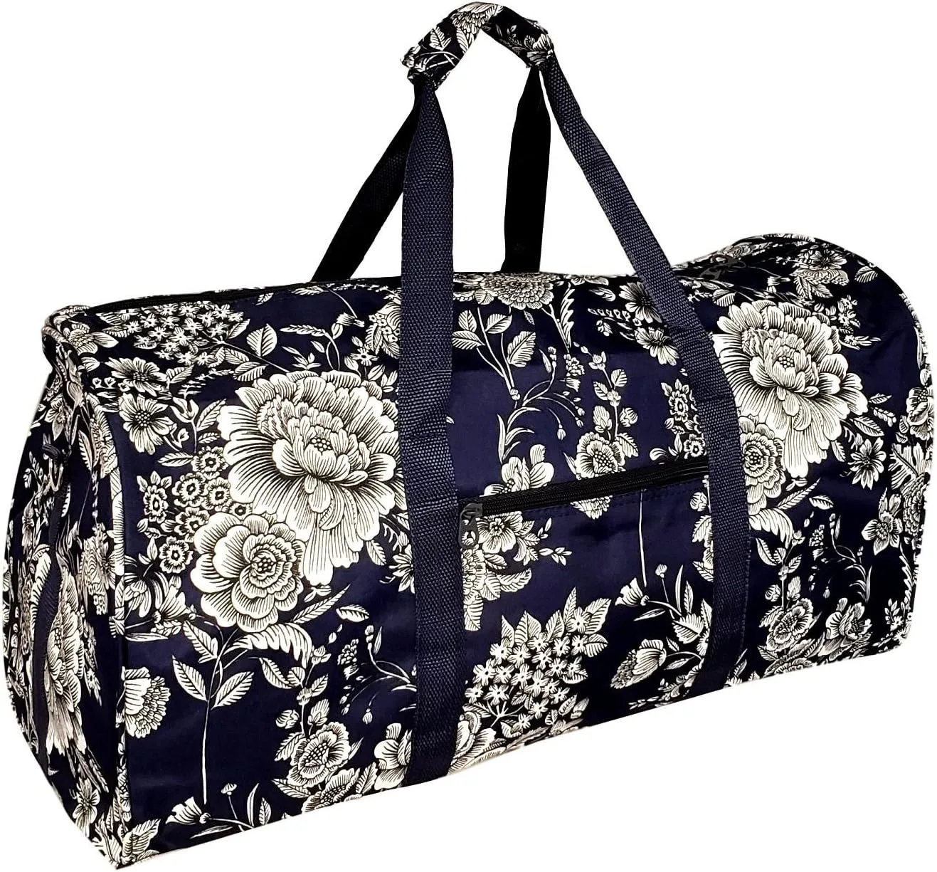21 in Print Duffle, Overnight, Carry on Bag with Outside Pocket and Shoulder Strap (Blank - Navy White Flower)