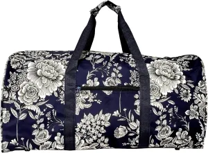 21 in Print Duffle, Overnight, Carry on Bag with Outside Pocket and Shoulder Strap (Blank - Navy White Flower)