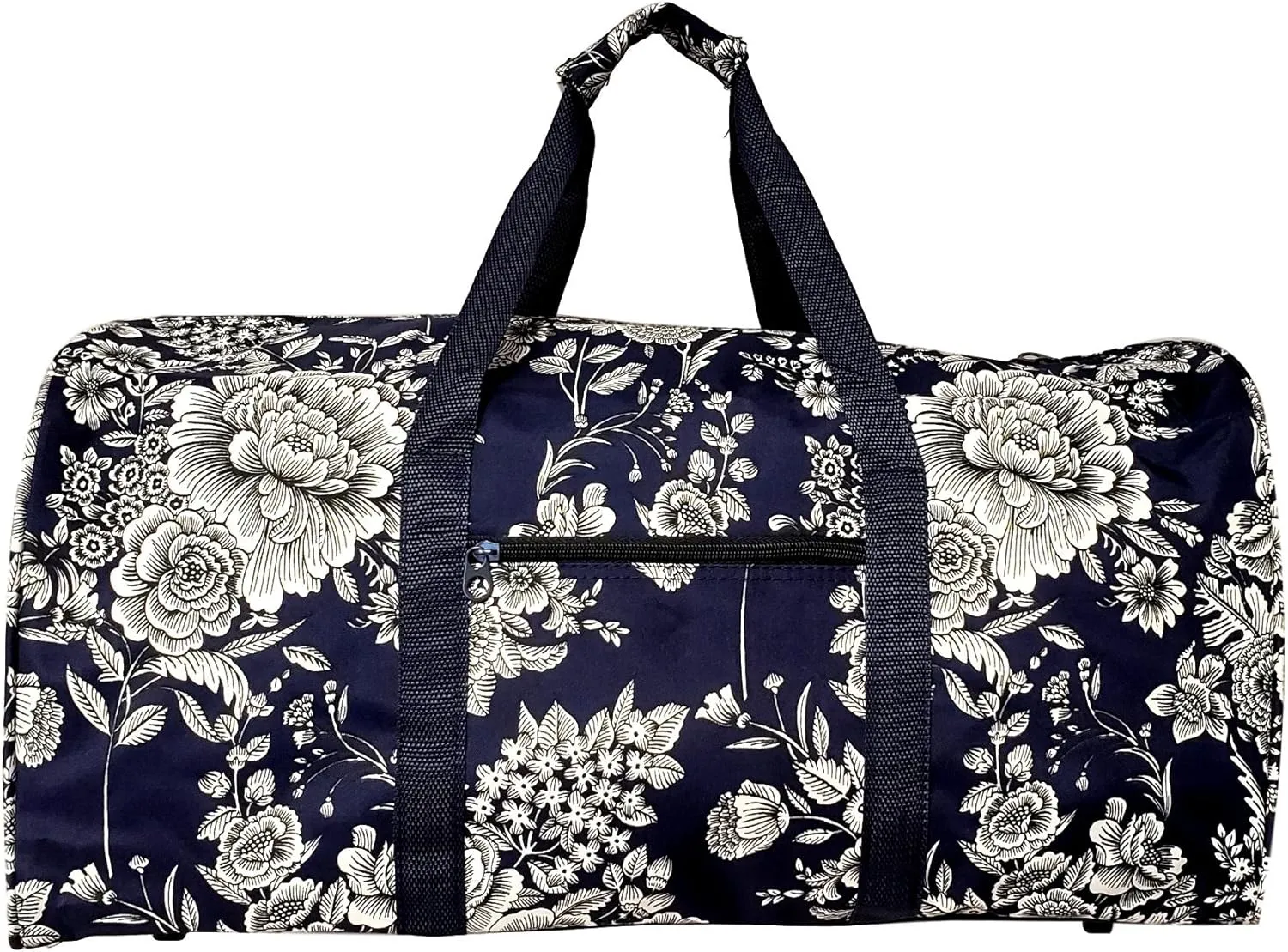 21 in Print Duffle, Overnight, Carry on Bag with Outside Pocket and Shoulder Strap (Blank - Navy White Flower)
