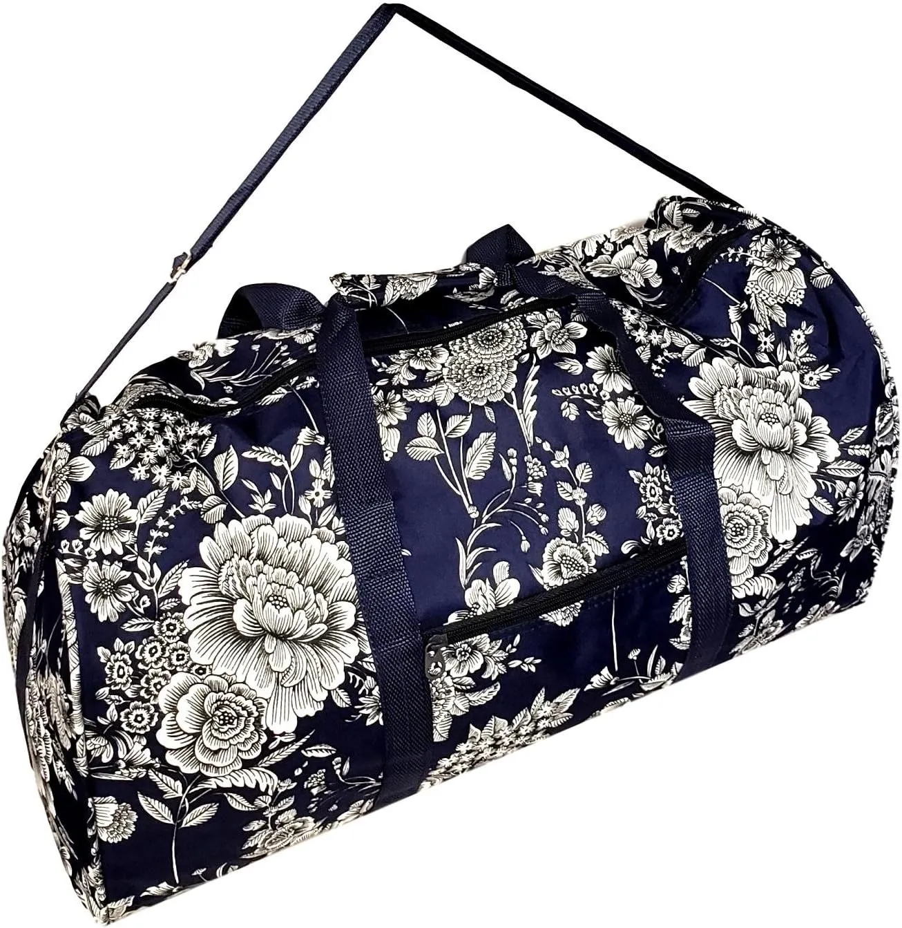 21 in Print Duffle, Overnight, Carry on Bag with Outside Pocket and Shoulder Strap (Blank - Navy White Flower)