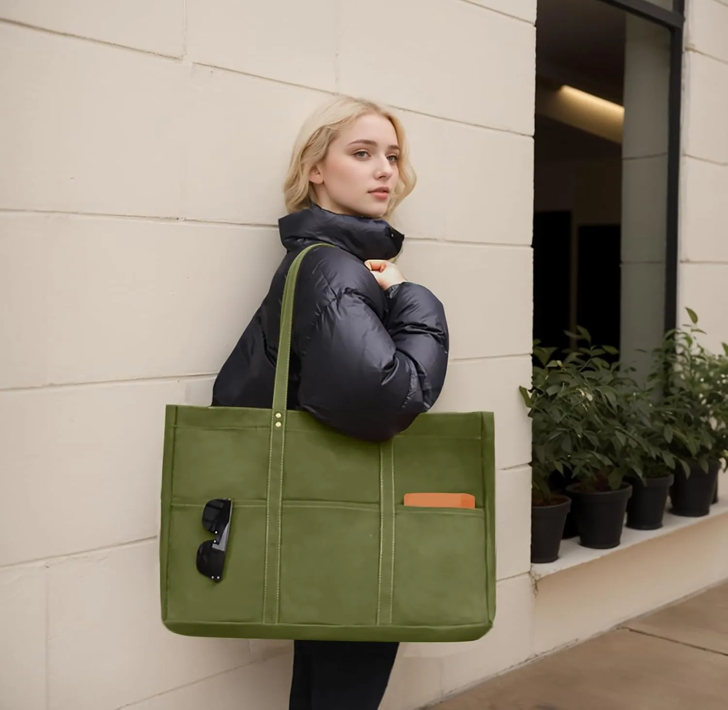 21.6" Large Canvas Tote Bag for Women with Multi-pockets and Laptop Sleeve Utility Tote Bag Big Everything Bags