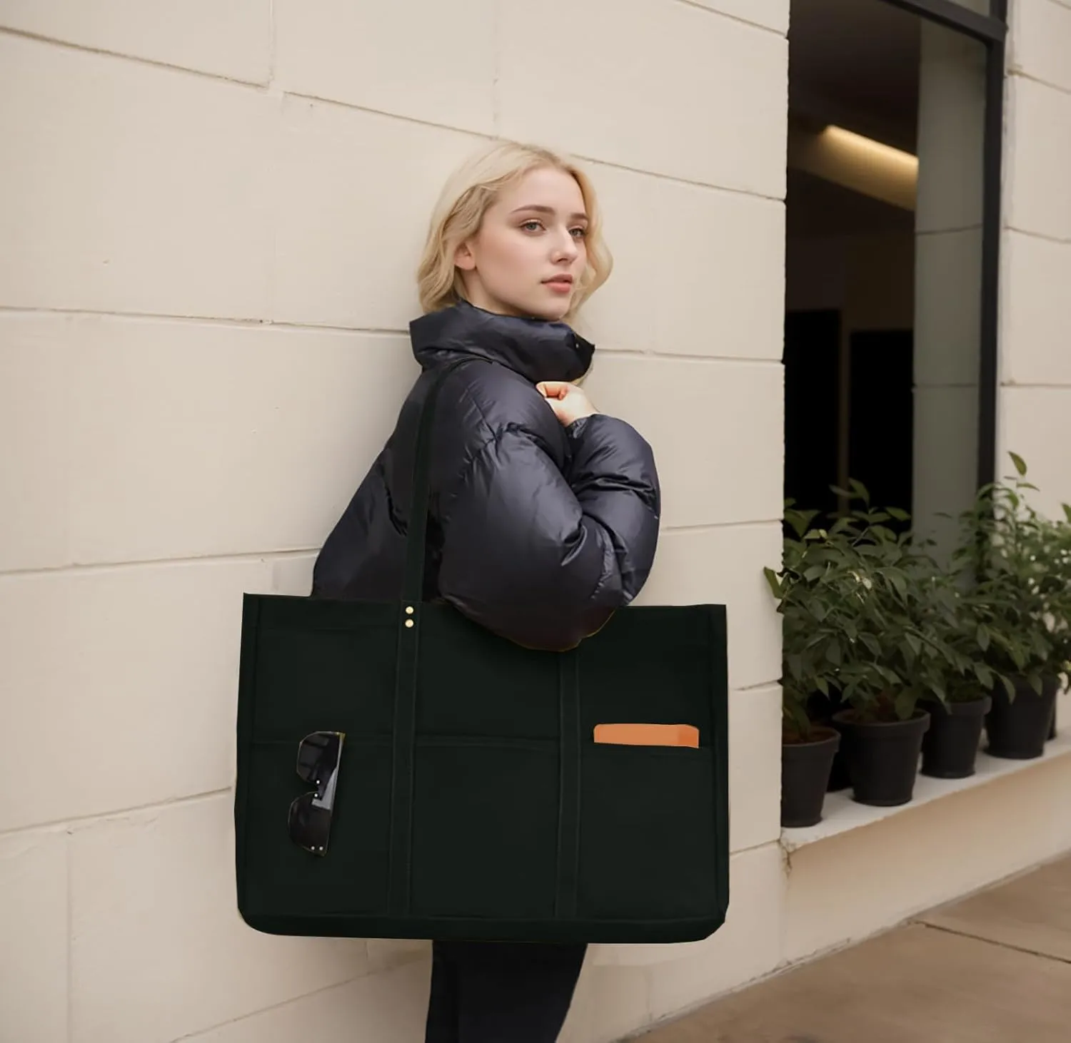 21.6" Large Canvas Tote Bag for Women with Multi-pockets and Laptop Sleeve Utility Tote Bag Big Everything Bags