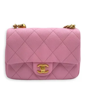 23P Quilted Flap Mini Pink Shoulder Bag in Caviar Leather, Gold hardware