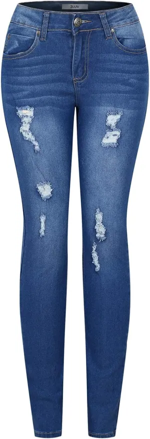 2LUV Women's Stretchy 5 Pocket Skinny Distressed Denim Jeans ece5 Medium Denim 11