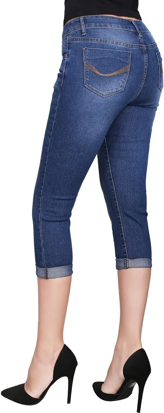 2LUV Women's Stretchy 5 Pocket Skinny Mid Rise Capri Ripped Denim Jeans