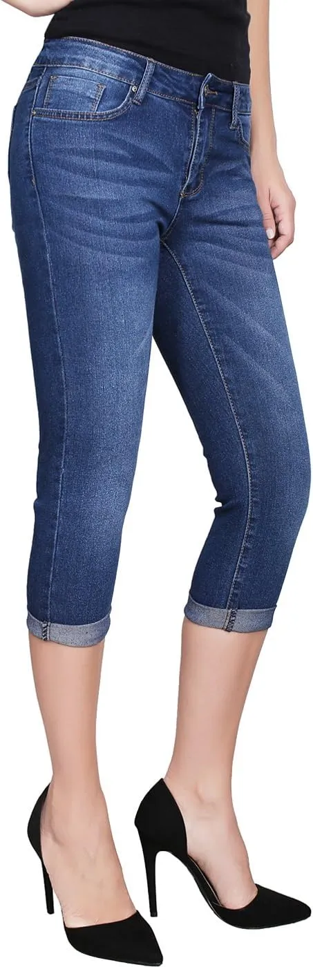 2LUV Women's Stretchy 5 Pocket Skinny Mid Rise Capri Ripped Denim Jeans