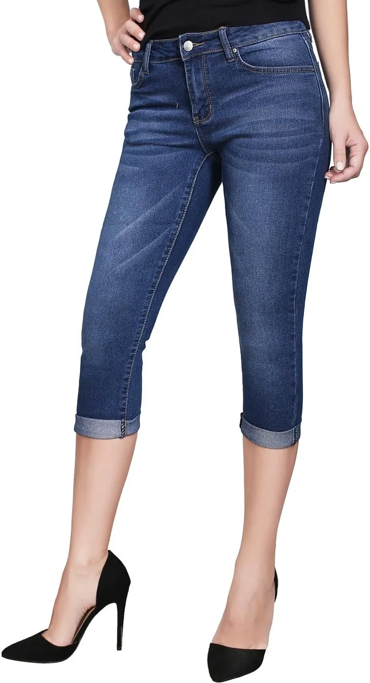 2LUV Women's Stretchy 5 Pocket Skinny Mid Rise Capri Ripped Denim Jeans