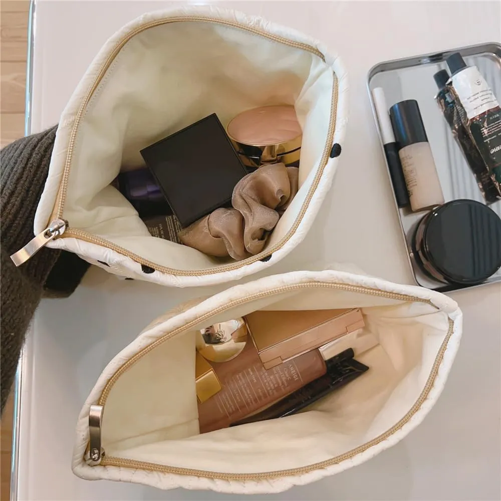 2Pcs Quilted Cotton Coquette Makeup bag, Coastal Granddaughter Aesthetic Cosmetic Bag, Cute Seashell Portable Travel Toiletry Pouch (2Pcs White)