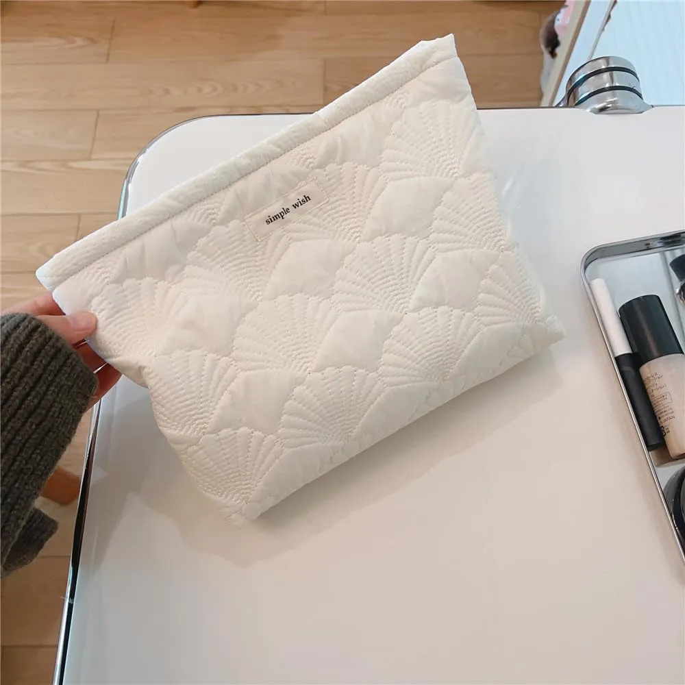 2Pcs Quilted Cotton Coquette Makeup bag, Coastal Granddaughter Aesthetic Cosmetic Bag, Cute Seashell Portable Travel Toiletry Pouch (2Pcs White)