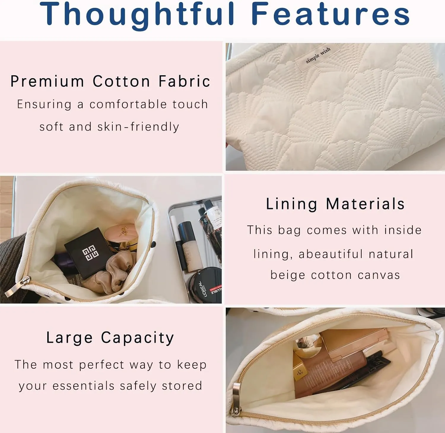 2Pcs Quilted Cotton Coquette Makeup bag, Coastal Granddaughter Aesthetic Cosmetic Bag, Cute Seashell Portable Travel Toiletry Pouch (2Pcs White)