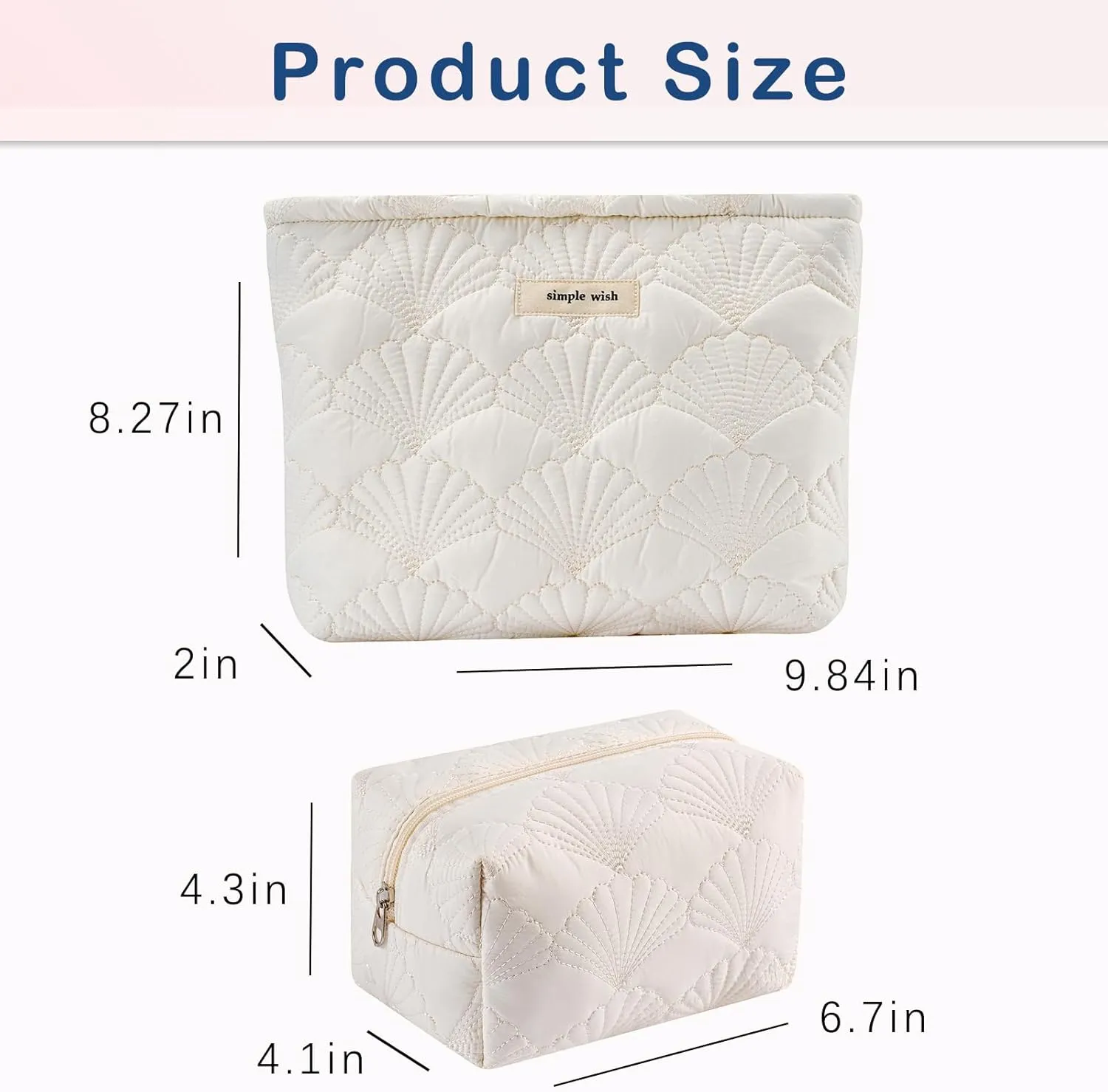 2Pcs Quilted Cotton Coquette Makeup bag, Coastal Granddaughter Aesthetic Cosmetic Bag, Cute Seashell Portable Travel Toiletry Pouch (2Pcs White)