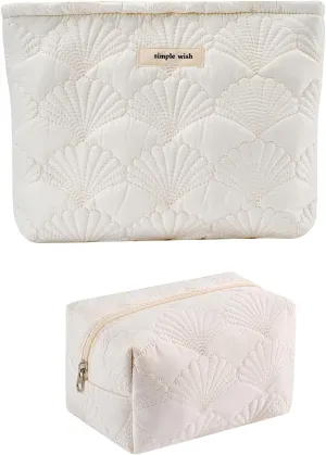 2Pcs Quilted Cotton Coquette Makeup bag, Coastal Granddaughter Aesthetic Cosmetic Bag, Cute Seashell Portable Travel Toiletry Pouch (2Pcs White)
