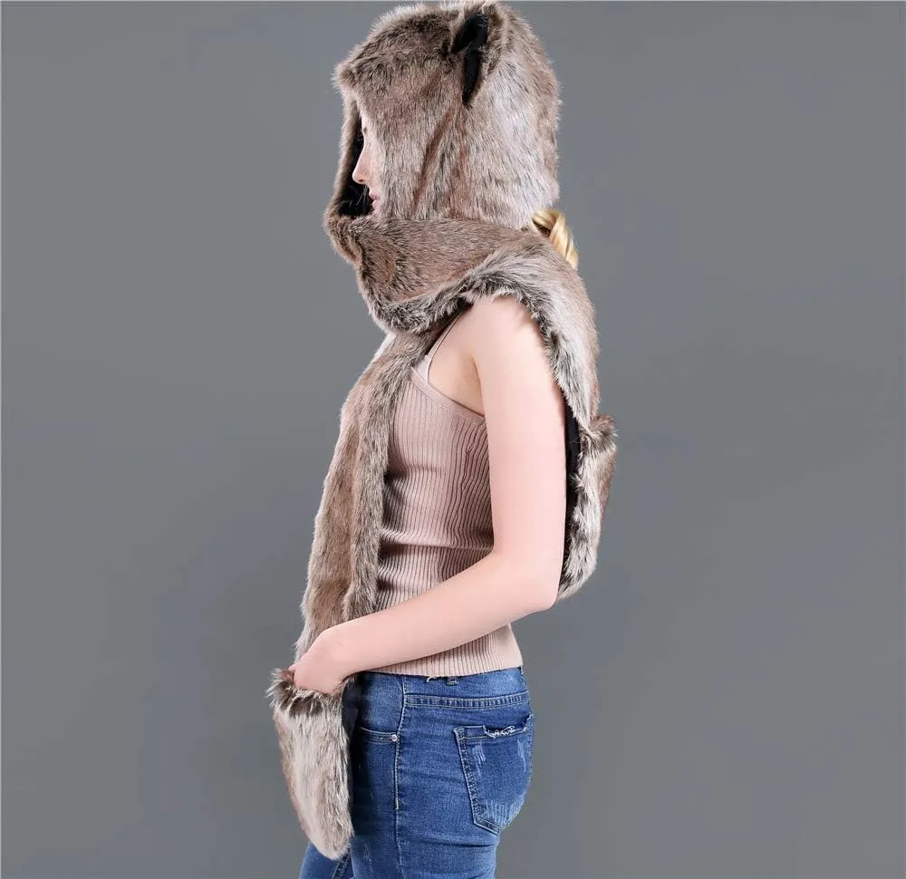 3 in 1 Function Faux Fur Animal Hood Hat Scarf and Paw Glove Furry Hoodie
