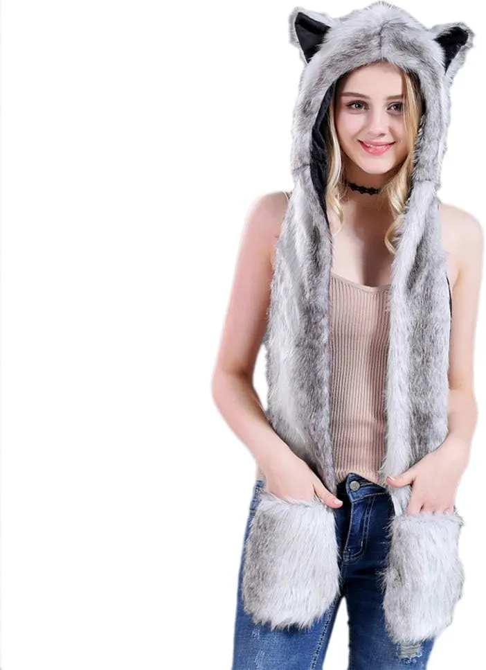 3 in 1 Function Faux Fur Animal Hood Hat Scarf and Paw Glove Furry Hoodie