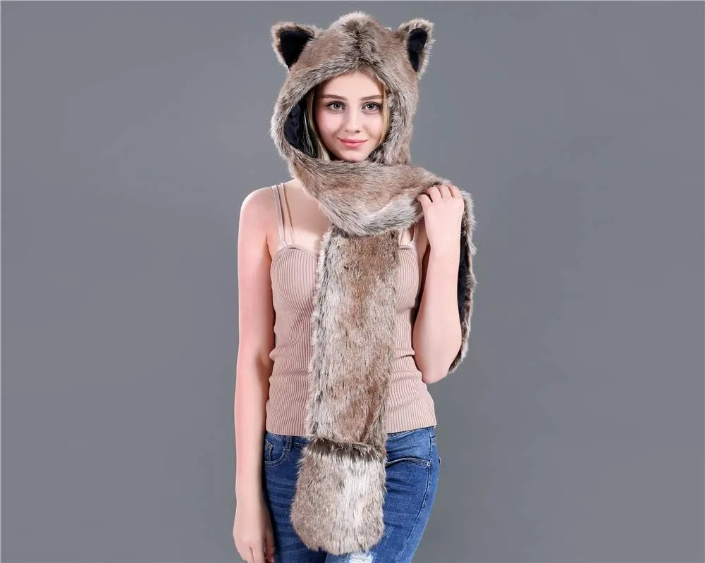 3 in 1 Function Faux Fur Animal Hood Hat Scarf and Paw Glove Furry Hoodie