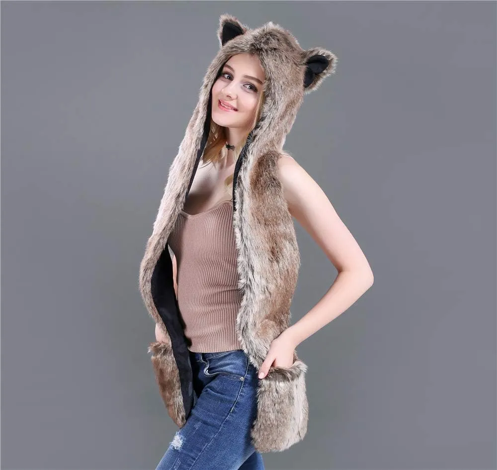 3 in 1 Function Faux Fur Animal Hood Hat Scarf and Paw Glove Furry Hoodie