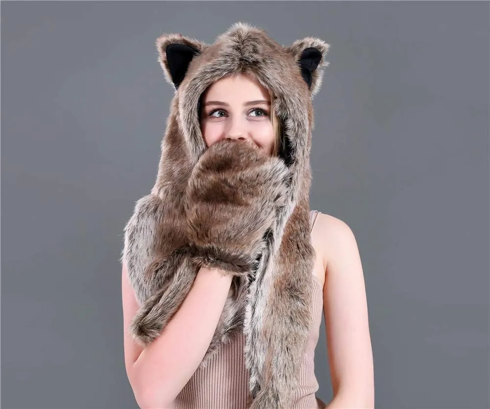 3 in 1 Function Faux Fur Animal Hood Hat Scarf and Paw Glove Furry Hoodie