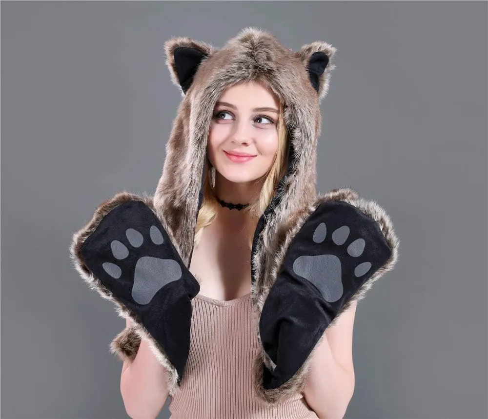 3 in 1 Function Faux Fur Animal Hood Hat Scarf and Paw Glove Furry Hoodie