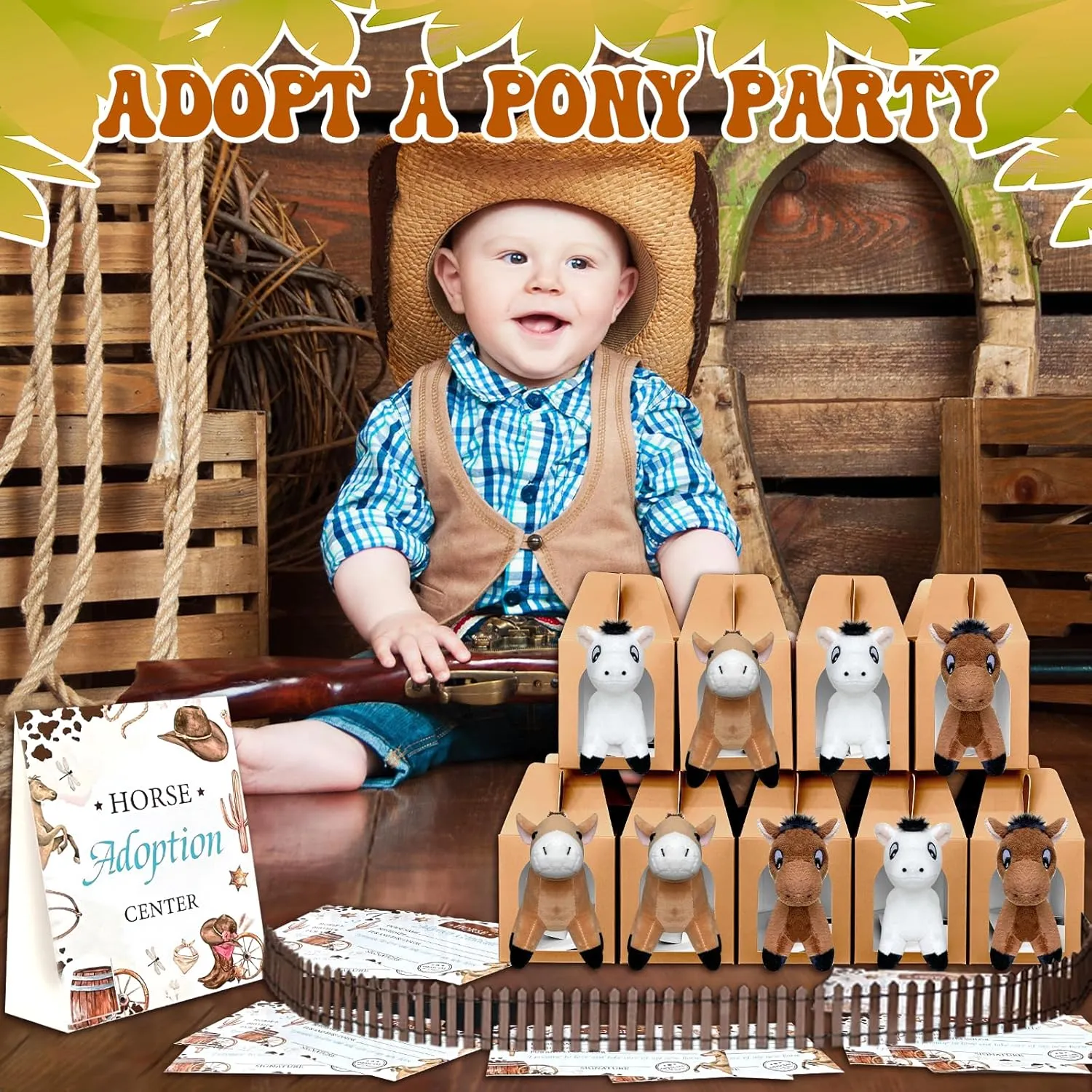 38 Pcs Horse Adopt Party Favor Include 12 4.72 Inch Horse Stuffed Animals 12 Foldable Horses Boxes 12 Adoption Certificates 1 Adoption Card 1 Fence for Adopt a Pony