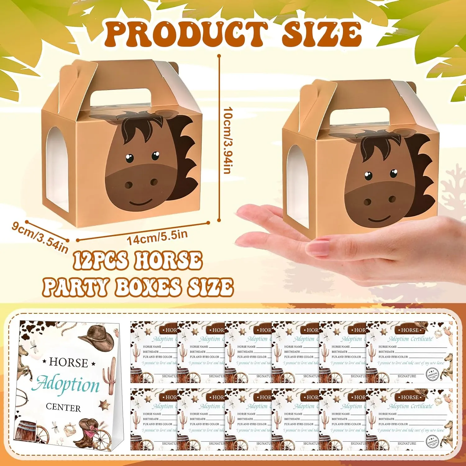 38 Pcs Horse Adopt Party Favor Include 12 4.72 Inch Horse Stuffed Animals 12 Foldable Horses Boxes 12 Adoption Certificates 1 Adoption Card 1 Fence for Adopt a Pony