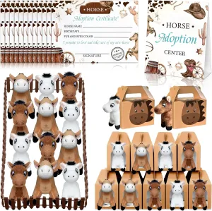 38 Pcs Horse Adopt Party Favor Include 12 4.72 Inch Horse Stuffed Animals 12 Foldable Horses Boxes 12 Adoption Certificates 1 Adoption Card 1 Fence for Adopt a Pony
