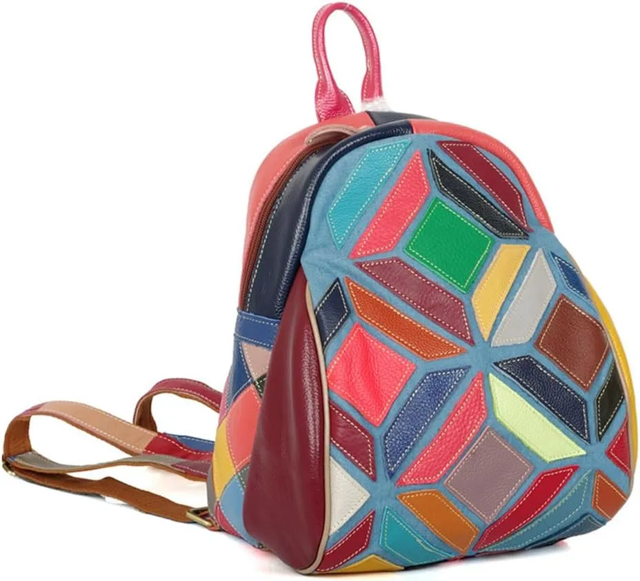3D Multi-Color Backpack for Women Geometric Pattern Patchwork Daypack Leather Shoulder Bag Christmas Travel Rucksack