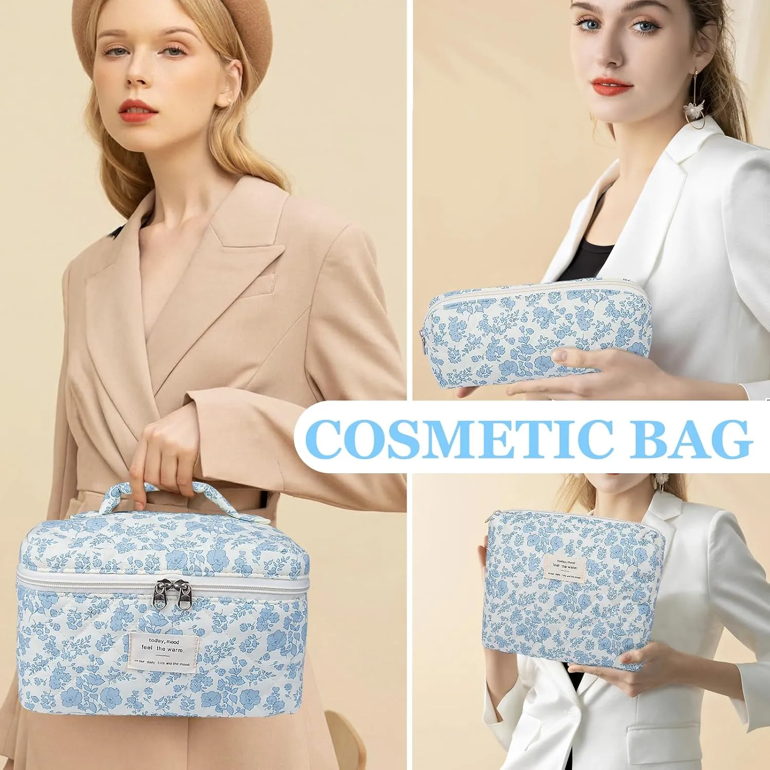 3pc Makeup Bag Set, Quilted Makeup Bag Set, Large Floral Cosmetic Bag for Women, Cute Cotton Makeup Bags, Flower Travel Toiletry Organizer Bag(Green Dog Print)